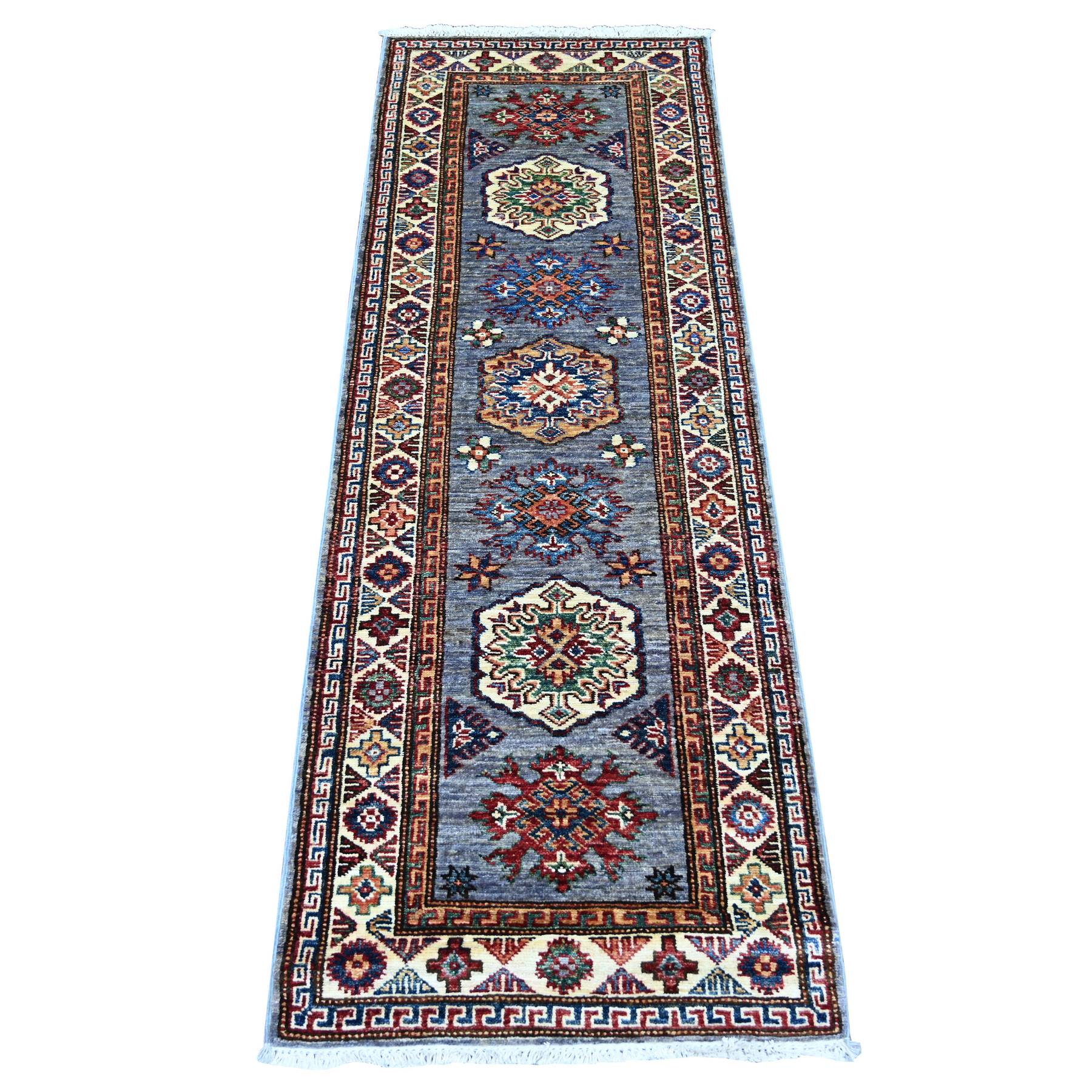 Pewter Gray, Afghan Super Kazak with Tribal Medallions Design, Hand Knotted, Soft and Vibrant Wool, Vegetable Dyes, Narrow Runner, Oriental Rug